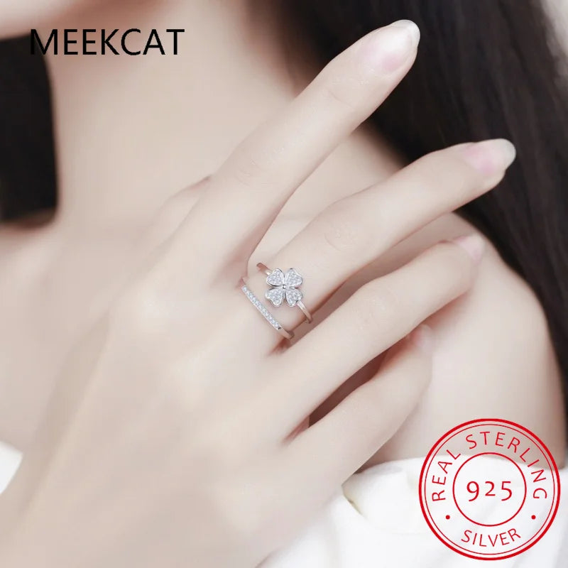 Bague en argent sterling 925 à double couche, ornée d'un cœur et d'un trèfle à quatre feuilles. Ajustable, sertie de zirconiums cubiques. Bijou de qualité supérieure BSR399