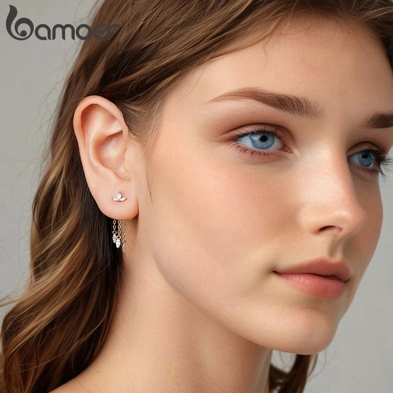 Boucles d'oreilles BAMOER en argent sterling 925 avec pompon et fleur, à plusieurs rangs, fermoir à maillons avant et arrière, pour femmes et adolescentes. Bijou élégant à offrir.