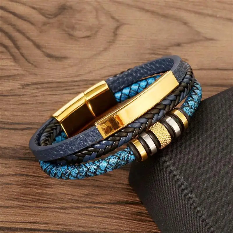 Punk Men Leather Bracelet with Stainless Steel Magnetic Clasp Braided Mutilayer Leather Wrapping Bangles Man Jewelry Gift