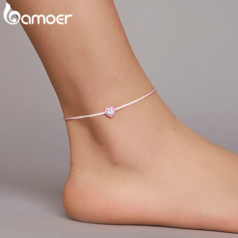 Bamoer Einfaches Design Herz Silber Fußkettchen für Frauen Sterling Silber 925 Armband für Knöchel und Bein Mode Fuß Schmuck SCT022