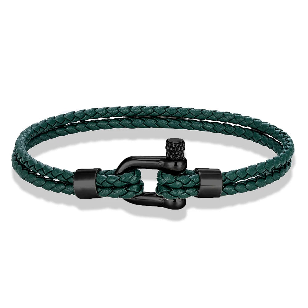 MKENDN Gold Plated Stainless Steel Shackle Bracelet Men Women Simple Double Layer Braided Blue Leather Bracelets Handmade Gifts