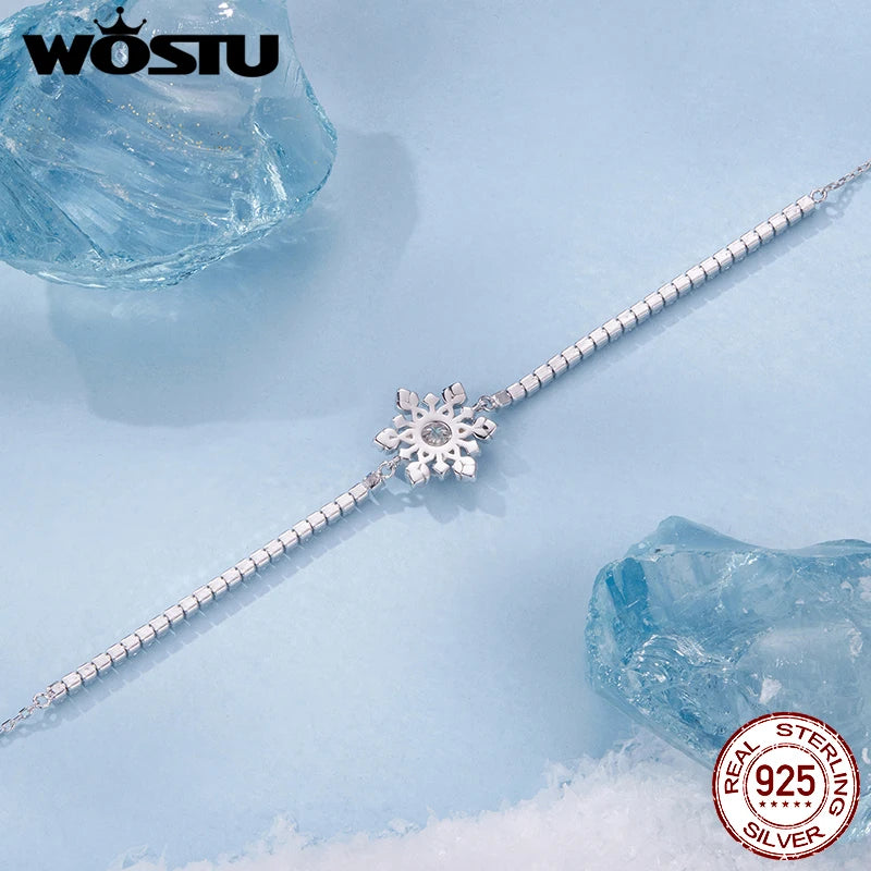 WOSTU Christmas Snowflake Bracelet For Women, 925 Silver Sparkling Zirconia Adjustable Chain Links Dainty Winter Jewelry Gift