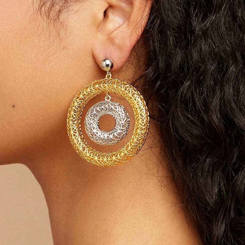 IVOG Bicyclic Ring Hollowed Out Drop Earrings For Women Brass Gold Color Earrings Fashion Luck Jewelry official-website