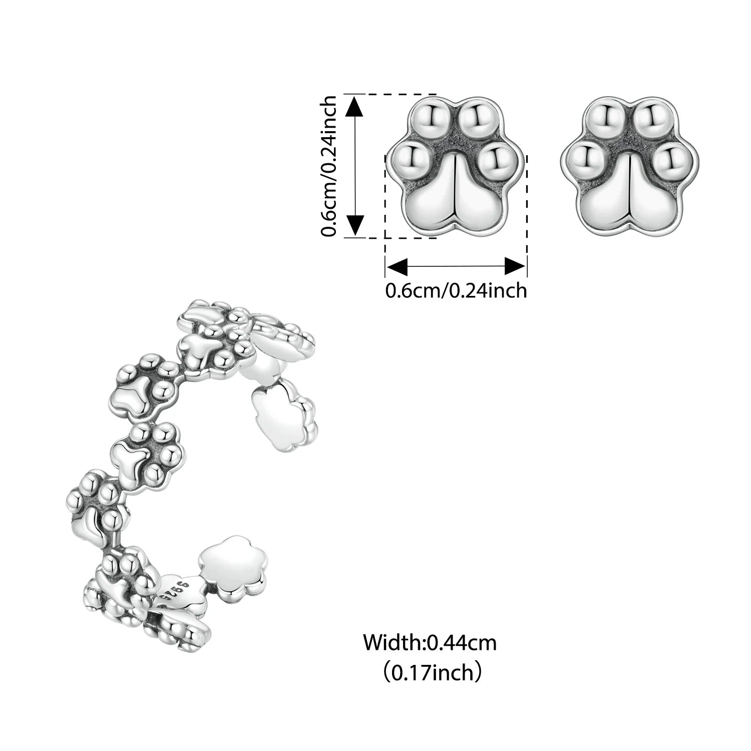 BAMOER 925 Sterling Silver Pet Paw Jewelry Set Lovely Dog Print Open Ring Mini Stud Earring Gift for Women Family Love Jewelry