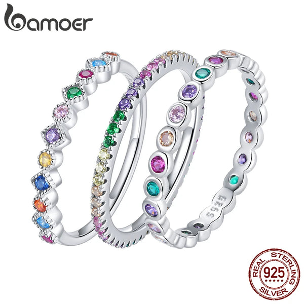 BAMOER 925 Sterling Silver Rainbow Zircon Finger Ring for