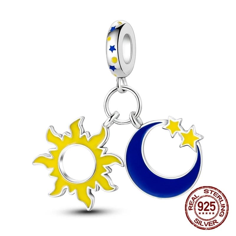 Breloque en argent sterling 925 représentant la lune, l'étoile, l'avion, l'espace, série bleue, compatible avec les bracelets Pandora originaux, bijoux à offrir