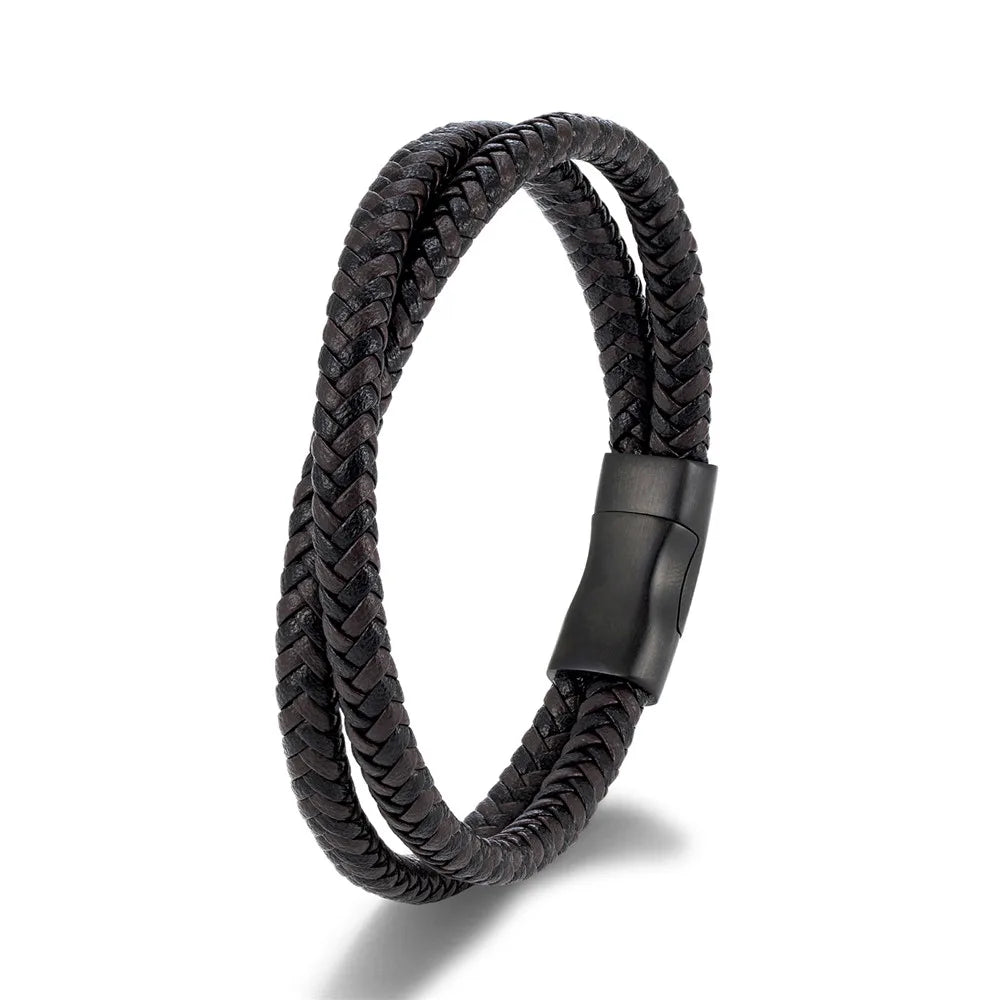 MKENDN Simple Style Men Braided Blue Brown and Black Leather Bracelet Matte Black Stainless Steel Button Accessories Jewelry