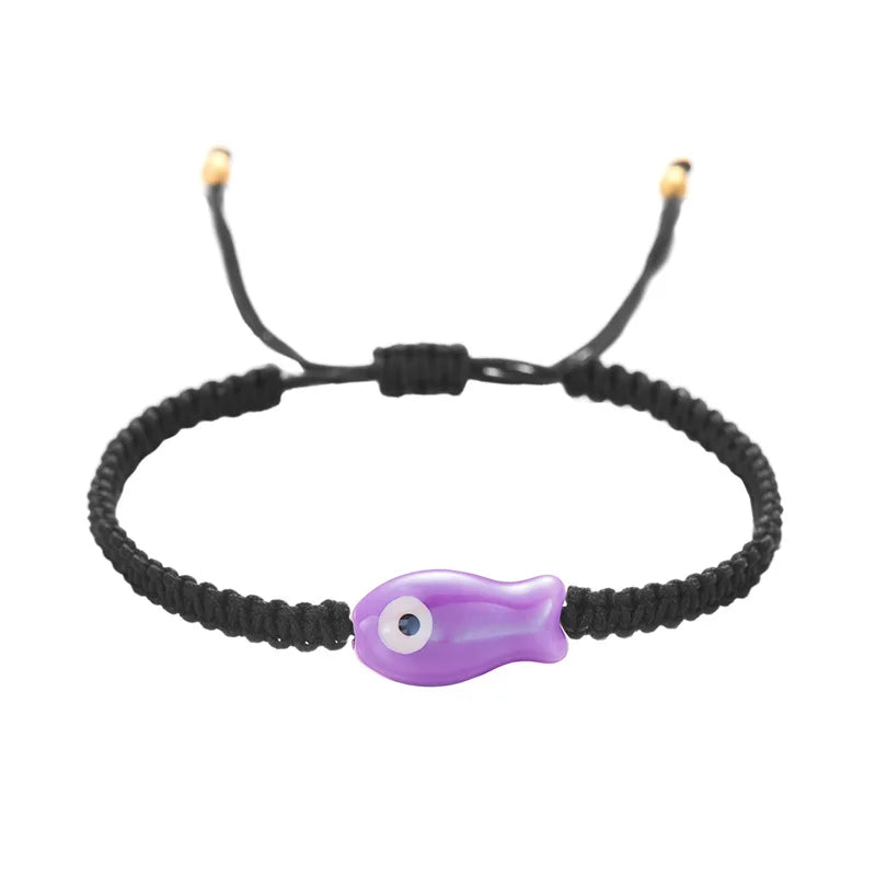 Handgeflochtenes schwarzes Seilarmband für Damen, bunte Keramikfische, verstellbares geflochtenes Armband, böhmischer Freundschaftsschmuck