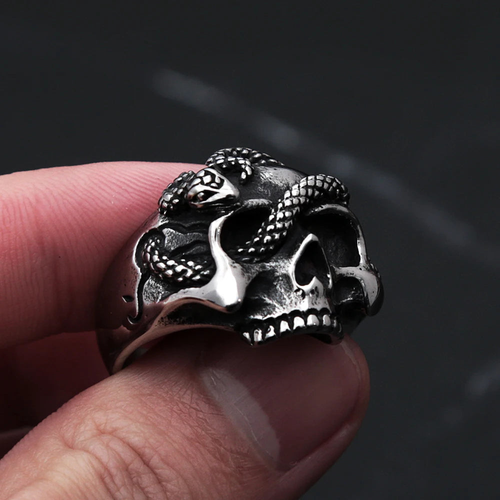 Gothic Vintage Stainless Steel Skull Snake Ring For Men Women Punk Hip Hop Unique Skull Rings Fashion Creative Jewelry Gifts