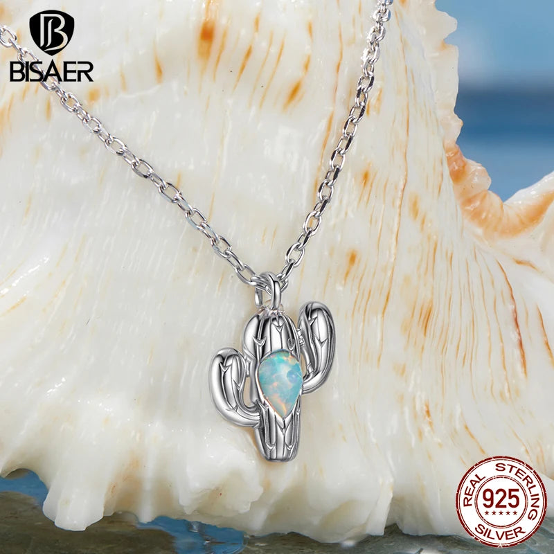 BISAER 925 Sterling Silver Cactus Pendant Necklace Water-drop Opal Chain Plated White Gold For Women Party Fine Jewelry ECN536