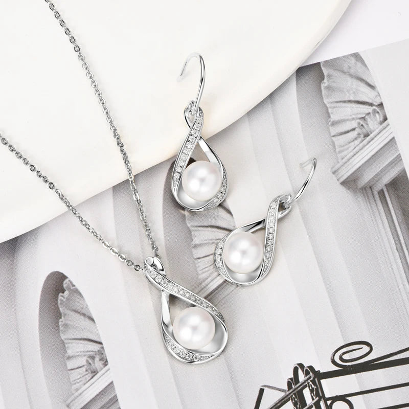 OXTAO 925 Silver Infinity Pendant Necklace Freshwater Pearl Earrings Jewelry Set for Women Moissanite Natural Freshwater Pearl