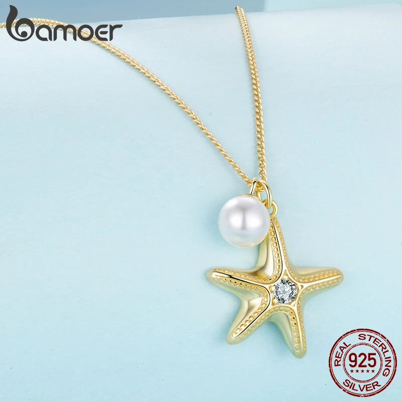 BAMOER Halskette mit Seesternanhänger aus 925er Sterlingsilber, runden Perlen und einer schlichten Gliederkette aus 18-karätigem Gold – ein elegantes Geschenk für Damen