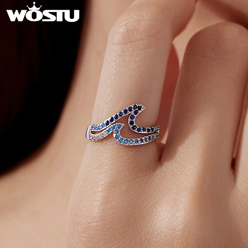 WOSTU Ringe aus echtem 925er Sterlingsilber mit Wellenmuster, elegantem, stapelbarem Statement-Ring im Ozeanwellen-Design mit blauem Zirkonia-Farbverlauf für Damen