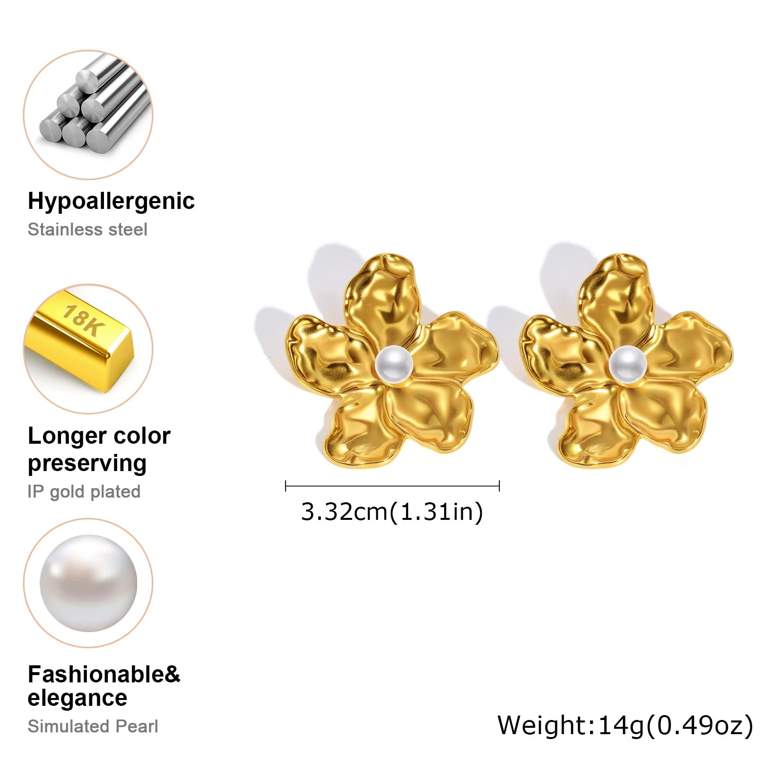 Vnox Gold Plated 3D Flower Earrings for Women Girls,Simulated Pearl Centered Floral Earrings,Waterproof Summer Holiday Jewelry