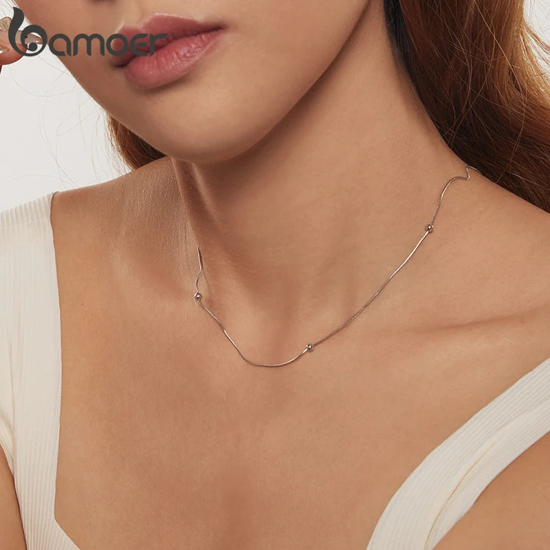 BAMOER Gold Plated Beads Snake Chain Necklace for Women, 925 Sterling Silver Adjustable Basic Chain Necklace Wedding Jewelry