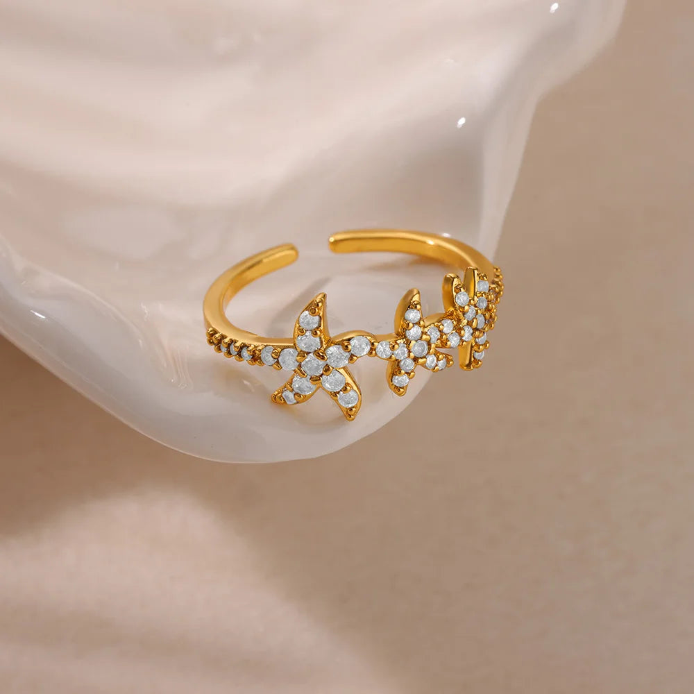 Ocean Starfish Shell Open Rings For Women Gold Color Stainless Steel Ring Summer Beach Aesthetic Waterproof Jewelry Gift