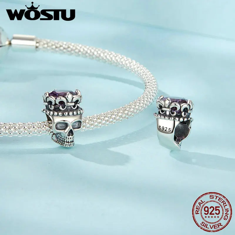WOSTU 925 Sterling Silver Punk Vintage Skull Charm Bead Butterfly Pendant Heart Hand Safty Chain Fit DIY Bracelet Jewelry Making