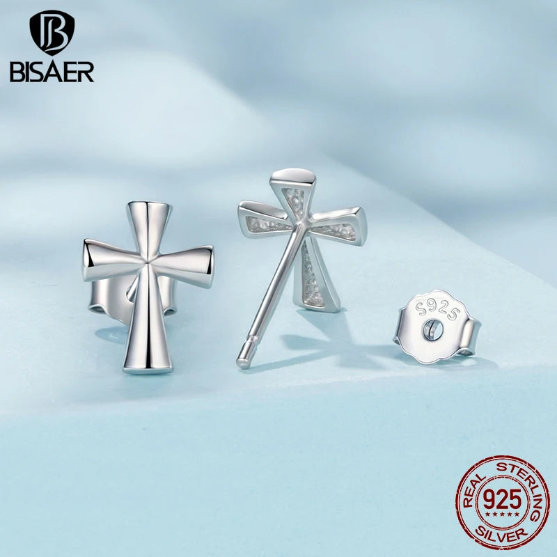 BISAER 925 Sterling Silver Cross Stud Earrings,Dainty Lightweight Hypoallergenic Stud Ear for Religious Women Party Fine Jewelry