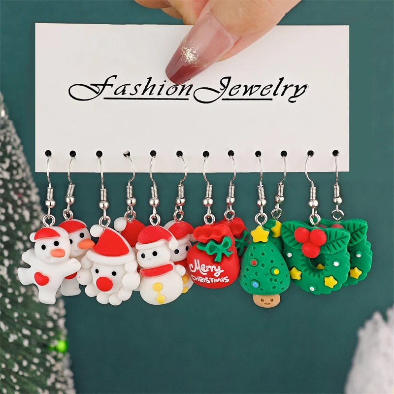 6 Pairs Colorful Christmas Cartoon Dangle Earrings Set For Women Girls Cute Santa Claus Snowman Elk Resin Drop Earring Jewelry