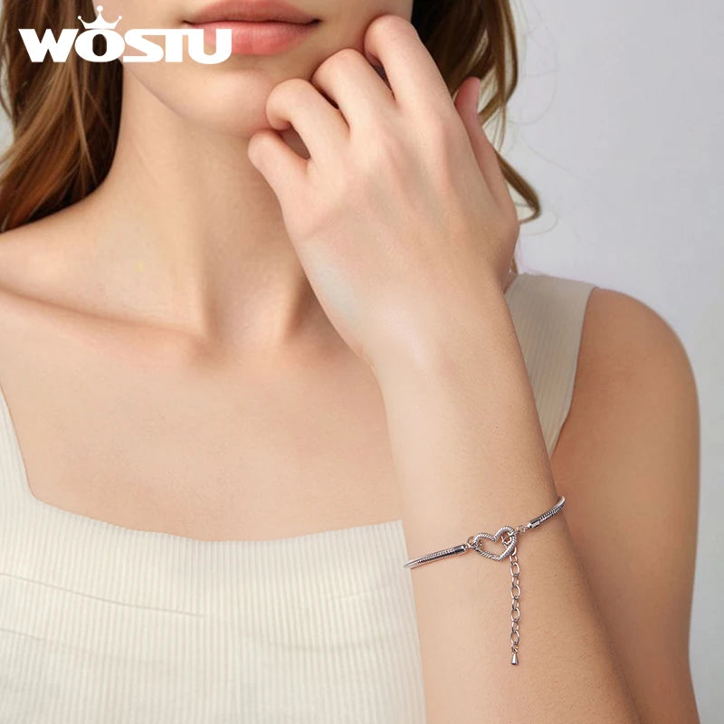 WOSTU 925 Sterling Silver Love Heart Bracelet Base Snake Chain for Women Fit Beads Charms DIY Adjustable Gift Fine Jewelry