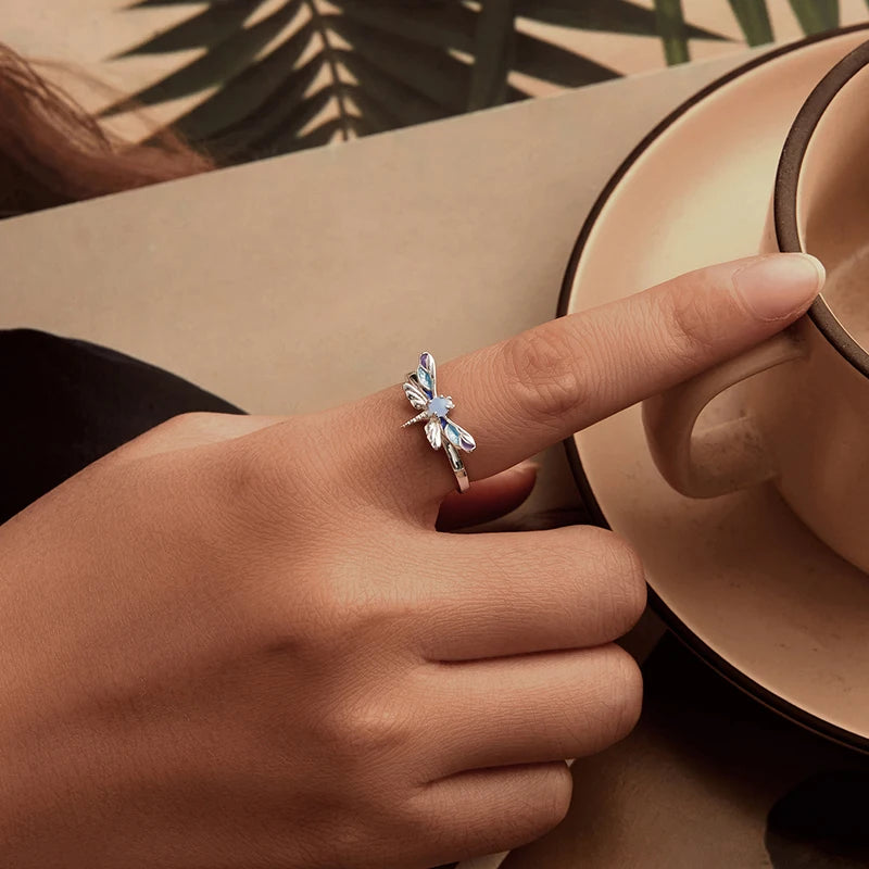 WOSTU  925 Sterling Silver Luminous Dragonfly Bee Ring Women Rainbow Glow in DarK Kunzite Open Rings Party Jewelry Birthday Gift