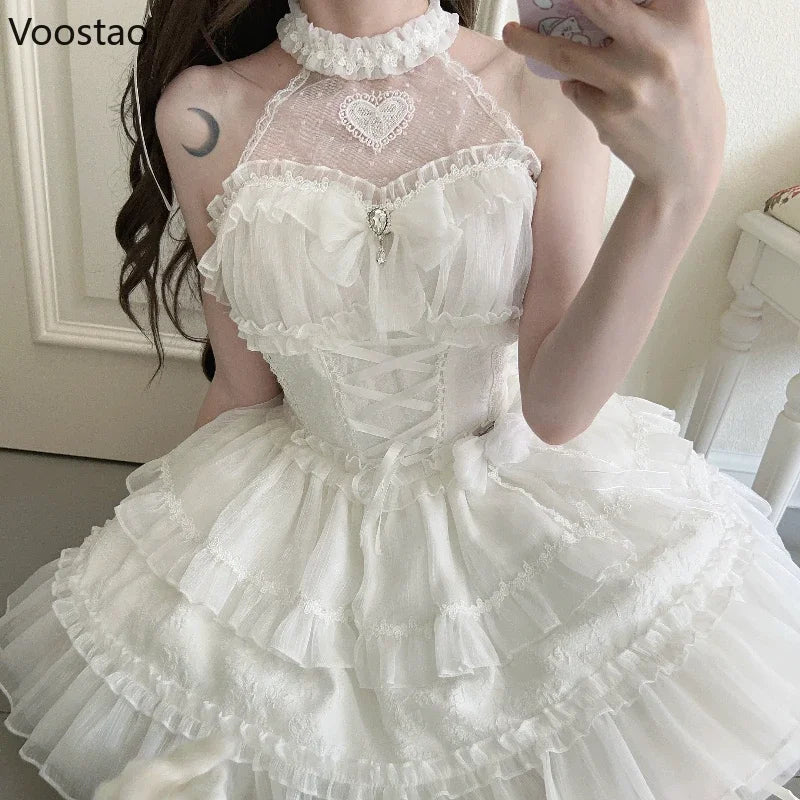 Japanese Gothic Lolita Princess Dress Women Kawaii Lace Ruffles Bow Bandage Slim Party Dresses Girls Y2k Elegant Cute Mini Dress