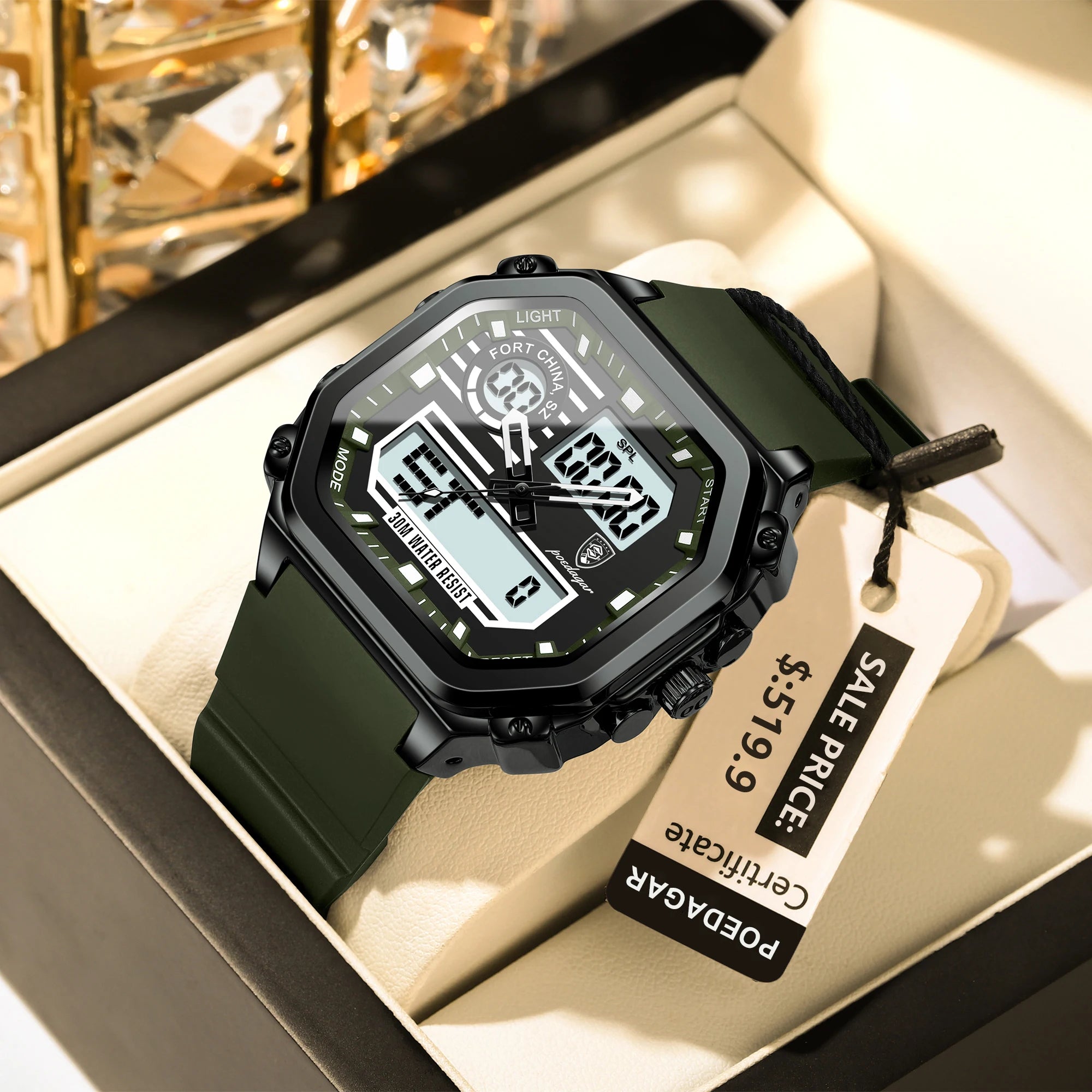 POEDAGAR Sports LED Men Watch Waterproof Luminous Week Date Square Man Wristwatch Silicone Strap Electronic Quartz Men's Watches