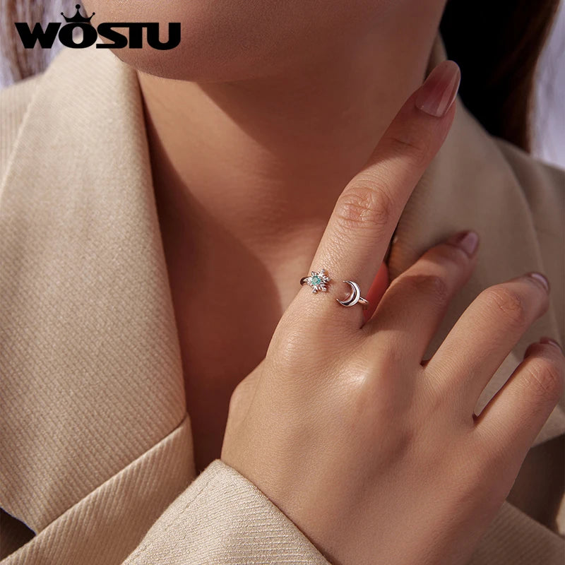 WOSTU 925 Sterling Silver Snowflake & Moon Ring for Women, Icy Blue Crystal Zircon Open Rings Winter Xmas Jewelry Party Gift