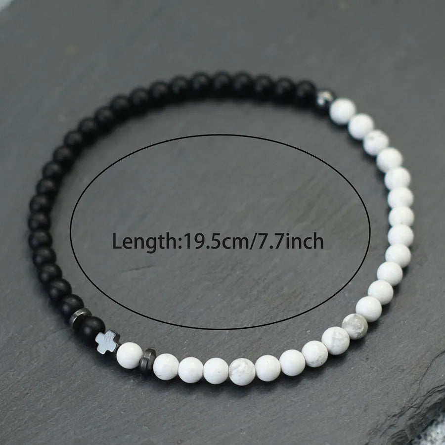 Minimalist Men Cross Bracelet Bicolor Black White 4mm Beads Strand Braslet Volcanic Rock Turquoises Stone Energy Healing Braclet