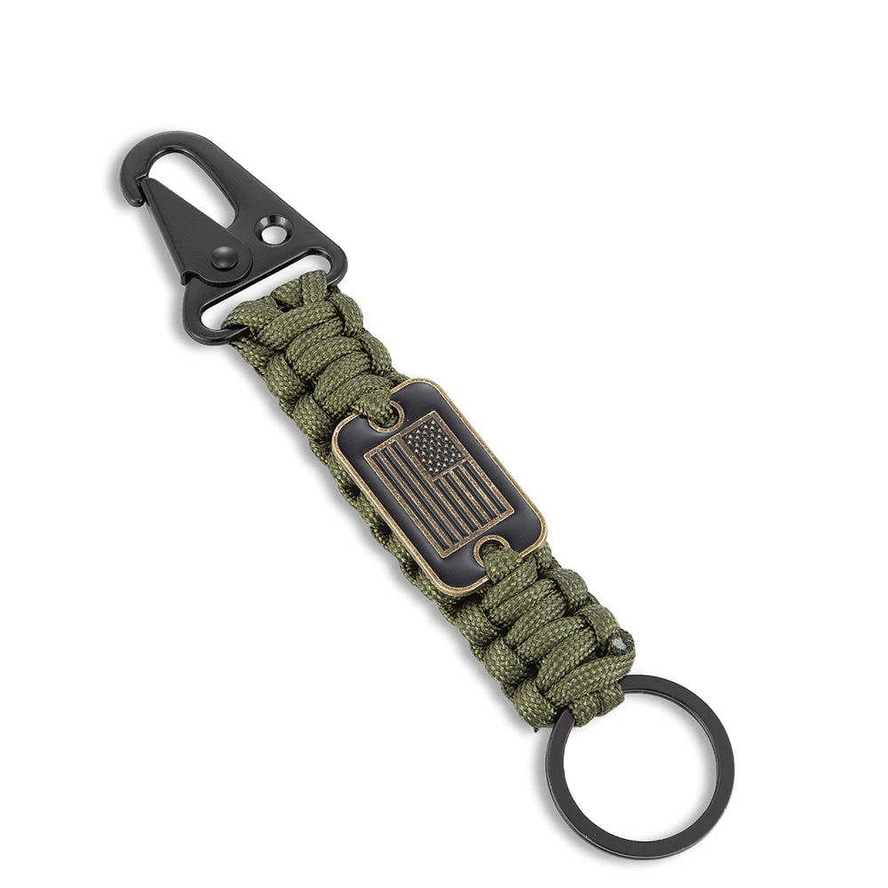 MKENDN Tactical Survival Tools Keychain with Bronze USA Flag Men Outdoor Camping Emergency Paracords Olecranon Clip Carabiner