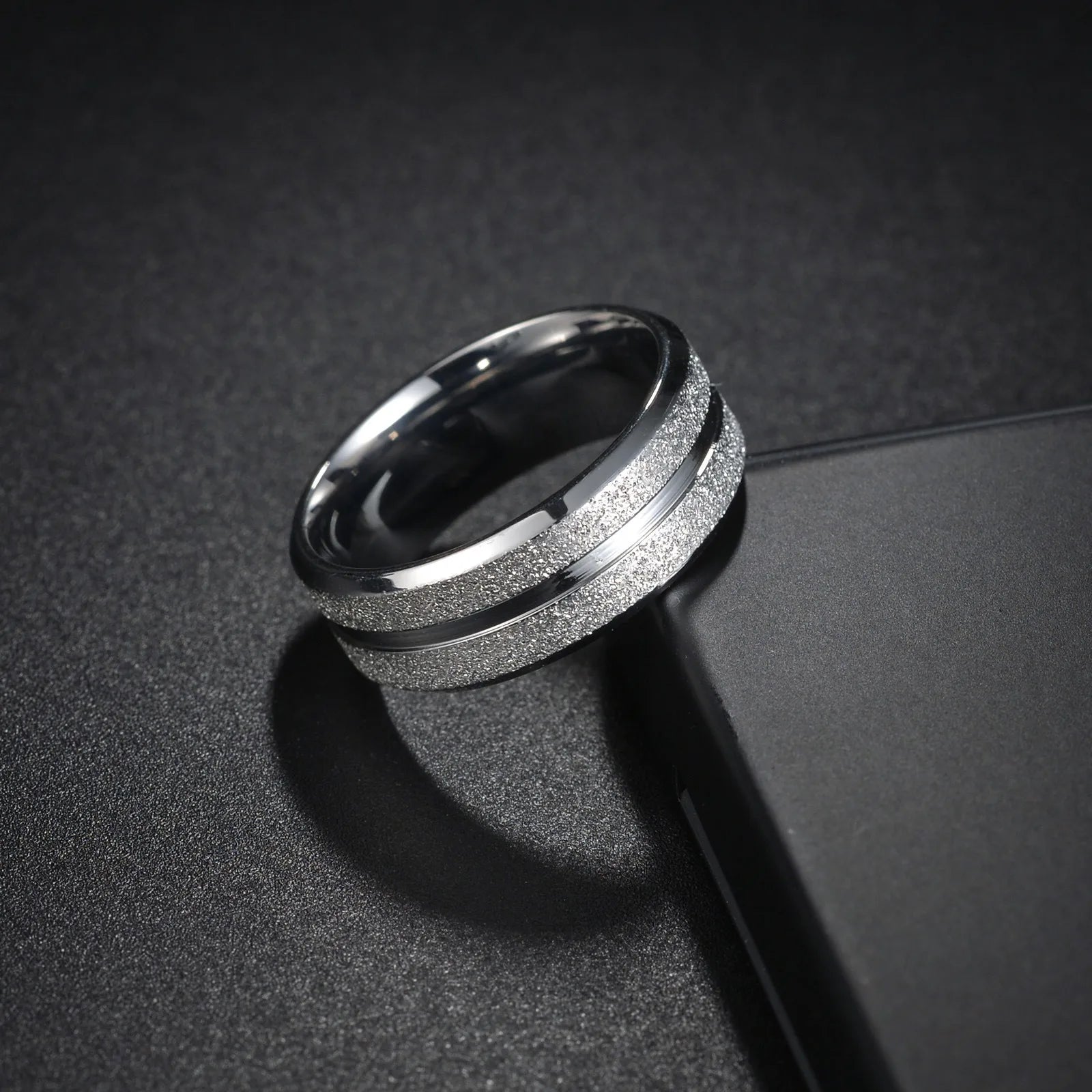 Trendy 8mm Men Frosted Stainless Steel Rings Silver Color Brushed Groove Beveled Edge Engagement Rings For Men Wedding Jewelry