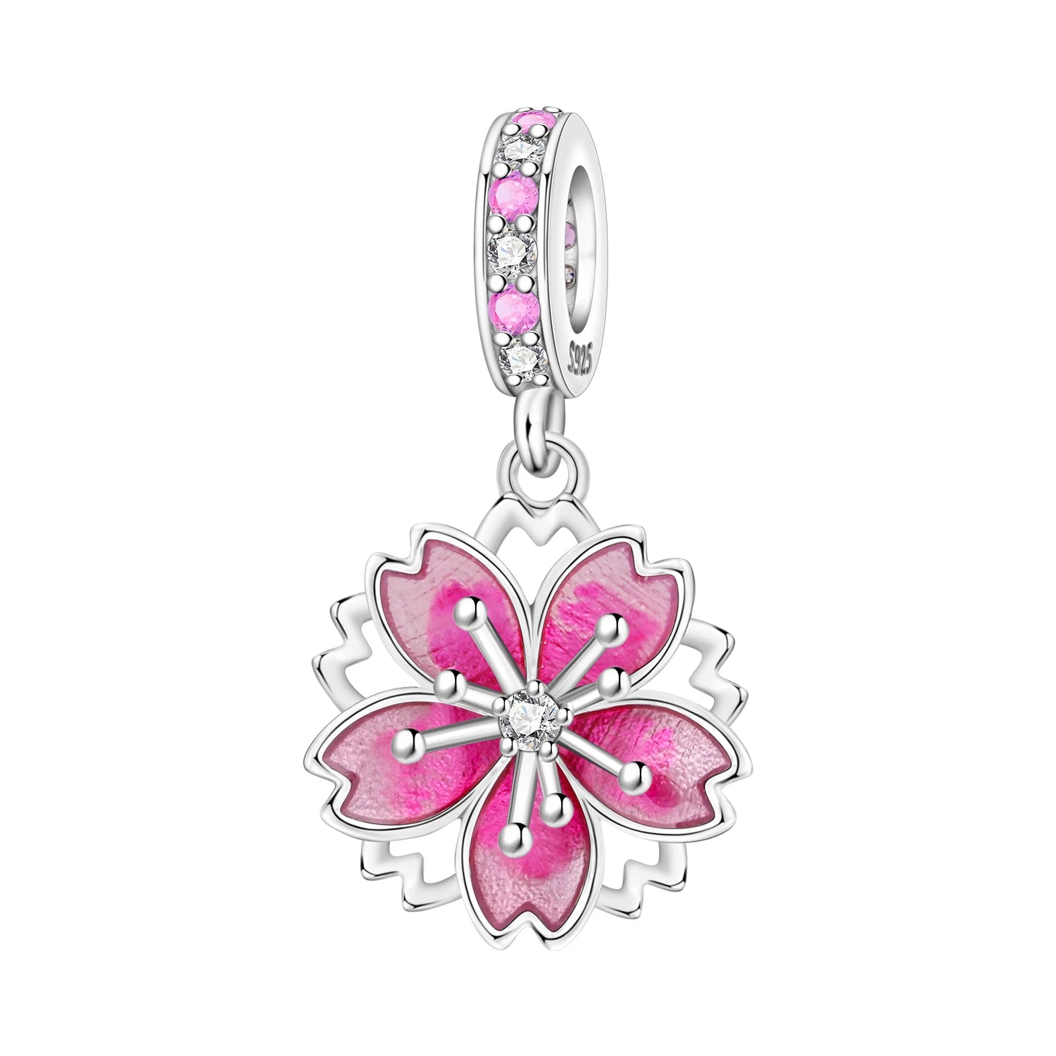 PANPOKI 925 Sterling Silver Rotating Cherry Blossom Flower Beads Original Pendants Bracelet Charm Jewelry Party DIY Trendy Gift
