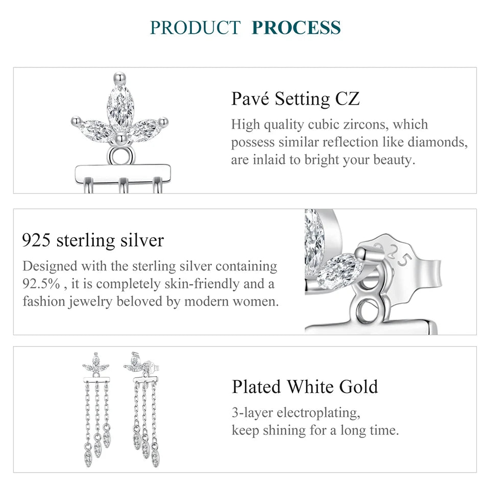 WOSTU 925 Silver Long Drop Chain Tassel Earrings with Clear Zircon, Hypoallergenic Front Back Earrings Women Wedding Party Gift