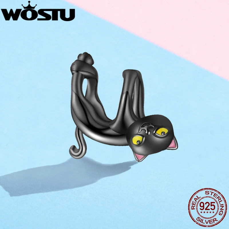 WOSTU 100% 925 Sterling Silver Cute Kitty Black Cat Charms Animal Bead for Women Fit Original DIY Bracelet Necklace Jewelry Gift