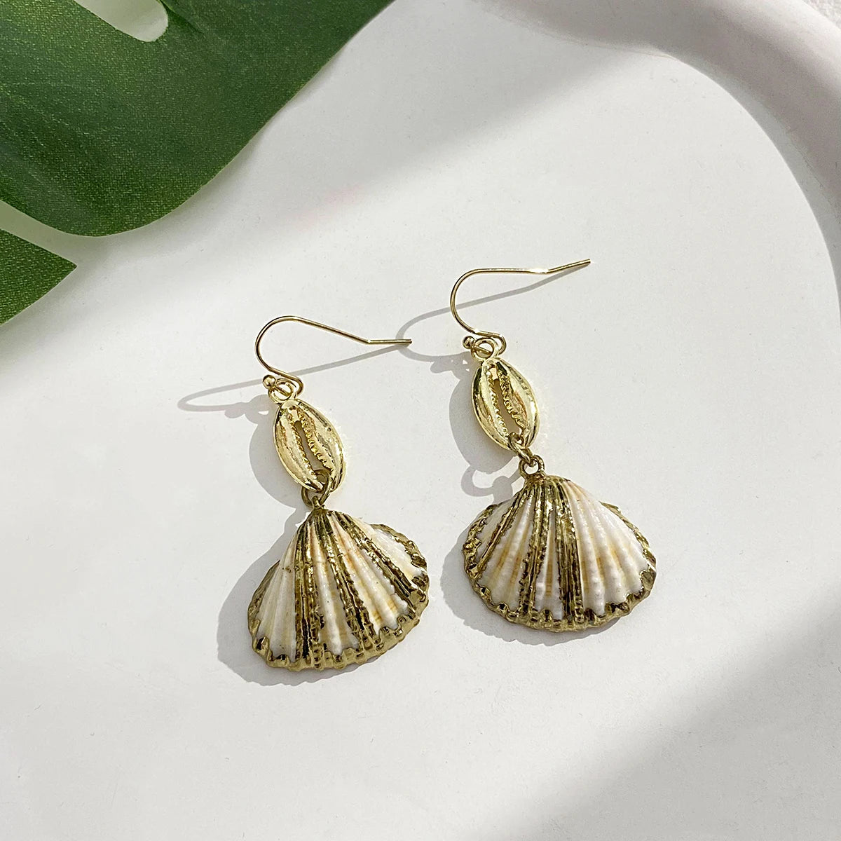 Bohemian Shell Conch Rattan Knit Drop Earrings for Women Gold Color Geometric Round Irregular Earrings Summer Beach Jewelry