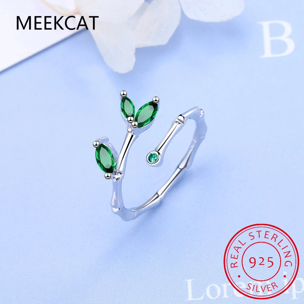 Leaves Simulated Nano Emerald 925 Sterling Silver Slub Open Ring for Women Statement Green Gemstone Fine Jewelry Anillos