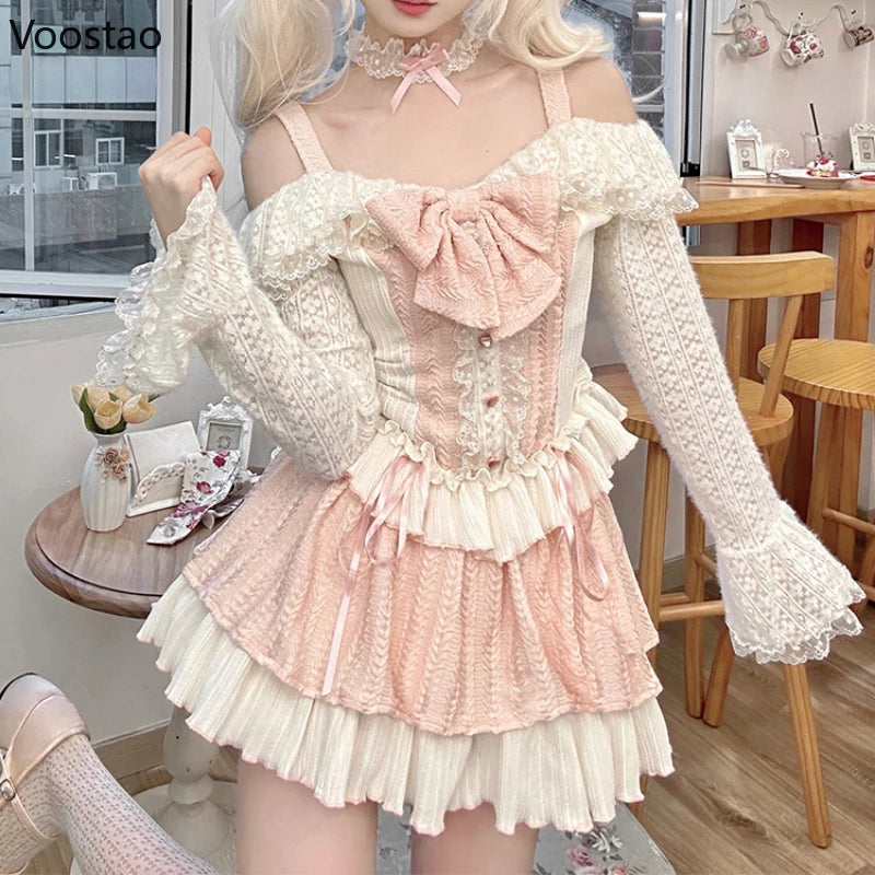 Sweet Lolita Style Skirt Sets Women Kawaii Bow Lace Ruffles Long Sleeve Off Shoulder Tops Y2k Cake Skirt Suit Pink 2 Piece Set