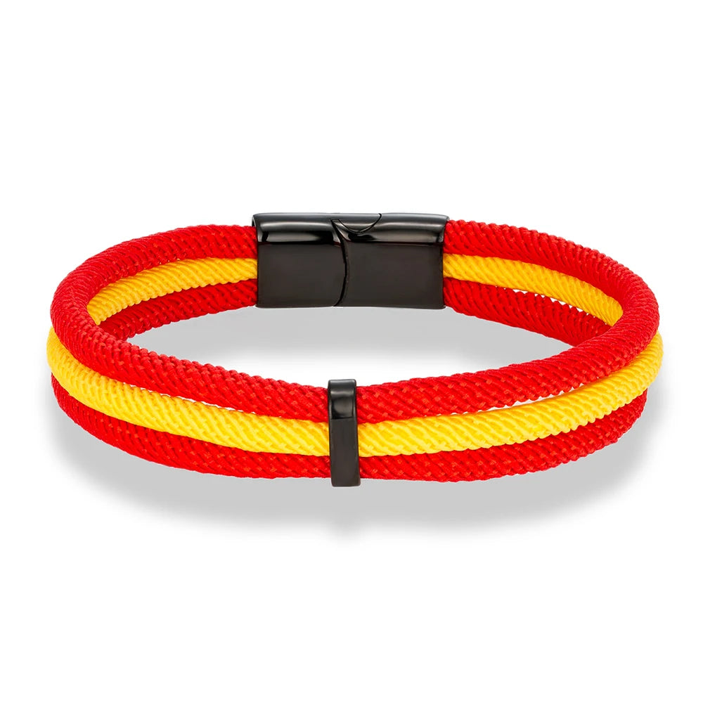 MKENDN Schwarzes Edelstahl-Armband mit Magnetverschluss, mehrlagiges Seil, handgefertigtes Design, Herren- und Damenschmuck mit Flaggen aus Frankreich, Brasilien und Spanien