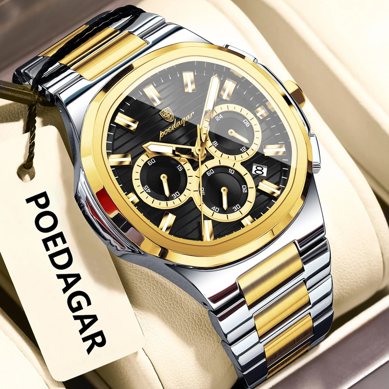 POEDAGAR Business Man Wristwatch Date Chronograph Waterproof Luminous Luxury Men Watch Stainless Steel Quartz Men's Watches Male - Madeinsea©