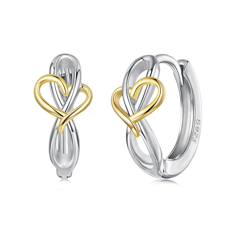 WOSTU Two Tone Gold 925 Sterling Silver Gold Heart Huggies Earrings For Women Lovely Ear Hoops Fine Jewelry Gift