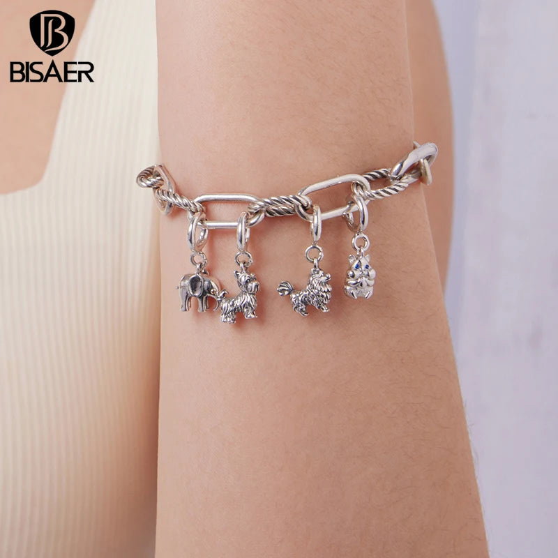 BISAER 925 Sterling Silver Yorkshire Terrier Locket Charm Pomeranian Elephant Hamster Pendant for Women DIY Bracelet Jewelry
