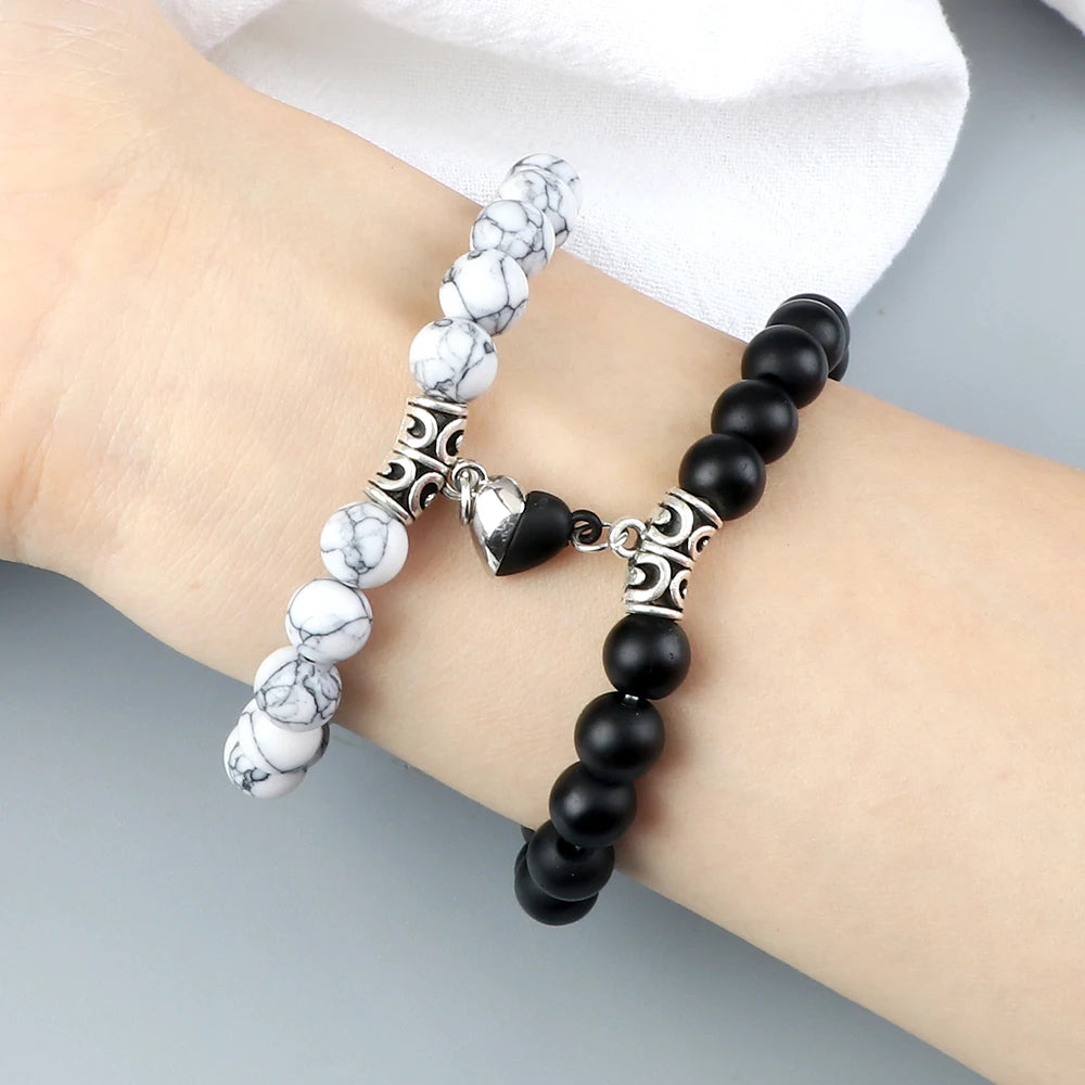 Hot Couple Yin Yang Bracelet Set Men 8mm Natural Stone Heart shape Magnet Love Braclet for Women Friendship Fashion Jewelry Gift