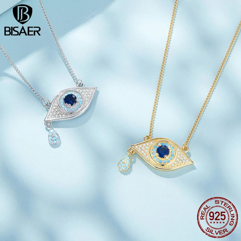 BISAER 925 Sterling Silver Devil's Eye Necklace Pendant Zircon Dainty Trend Adjustable Chain for Lucky Women Fine Jewelry Gift