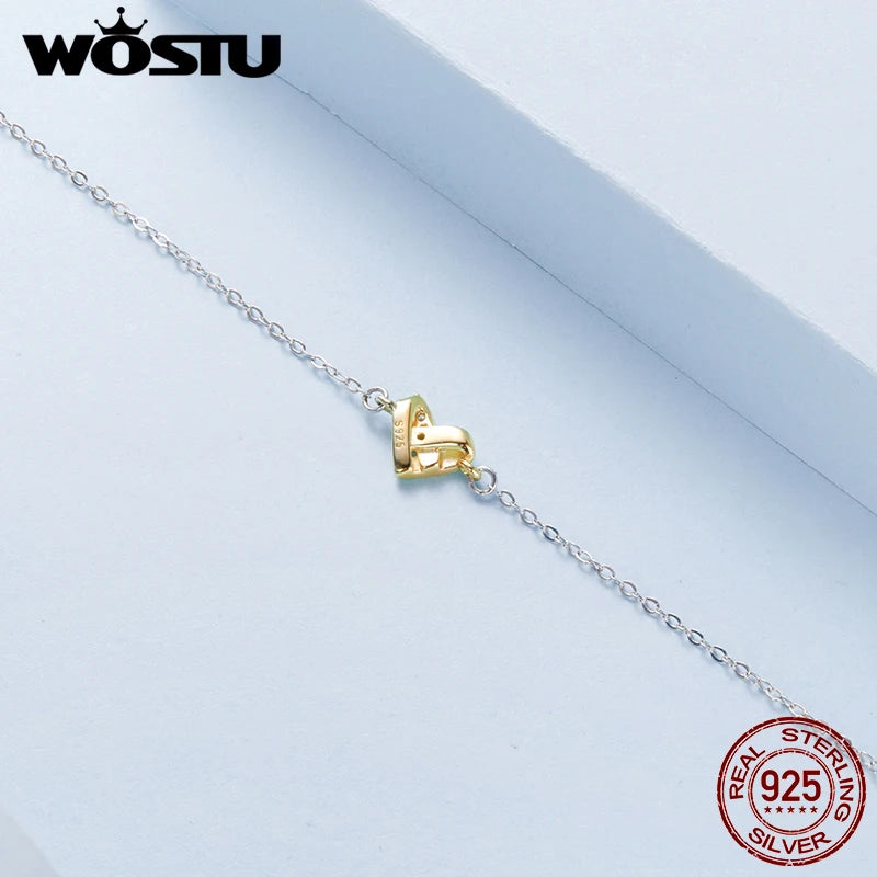 WOSTU 925 Sterling Silver Gold Color Heart Charm Anklet Foot Chain Links, Xmas New Year Girl Daugther Beach Jewelry Holiday Gift