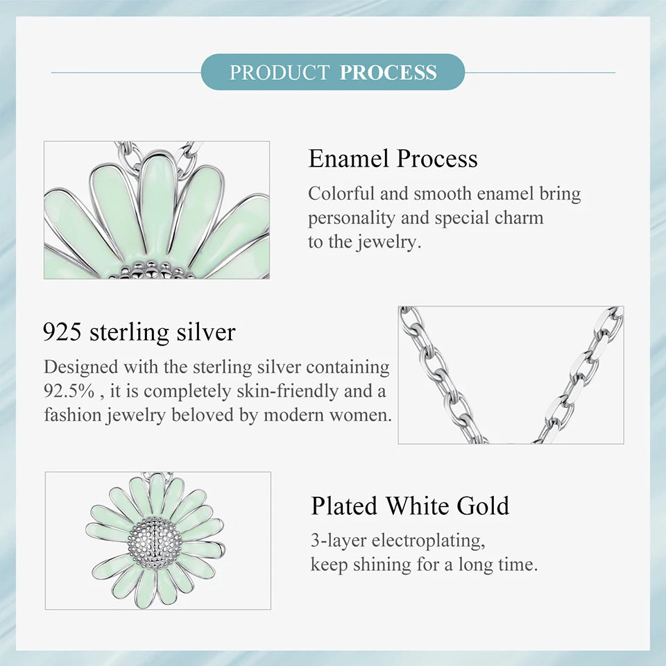 WOSTU Real 925 Sterling Silver Daisy Flower Necklace Gifts for Women, Green Enamel process Flower Pendant Party Xmas Jewelry New