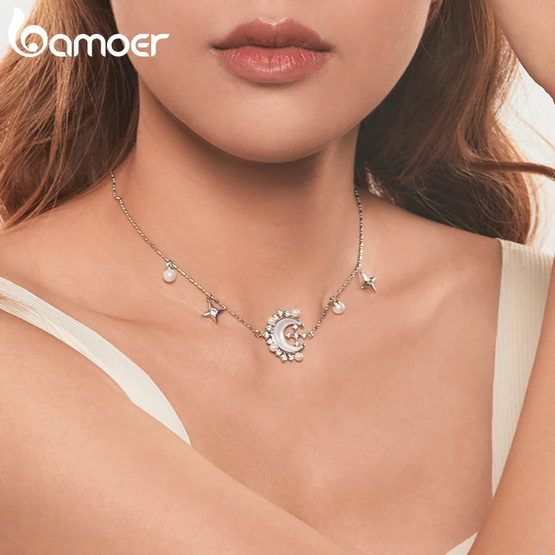 Collier en forme de croissant de lune plaqué or blanc BAMOER avec perle, collier de déclaration de haute qualité pour femmes, bijoux au design unique