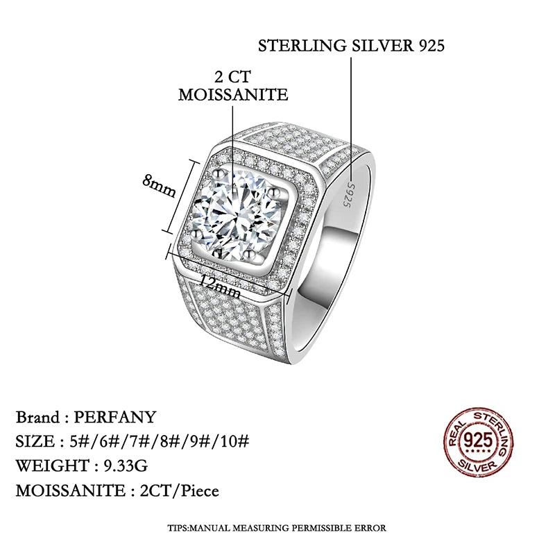 PERFANY 2/5CT Moissanite Ring for Men S925 Pure Silver Set With Bright Diamonds Engagement Ring Luxury Wedding Jewelry - Madeinsea©