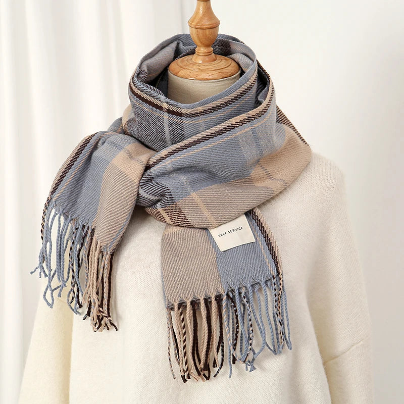 Winter Plaid Scarf Design Women Cashmere Pashmina Warm Shawl Lady Wrap Tassel Scarves Knitted Men Foulard Thick Blanket 2024 - Madeinsea©