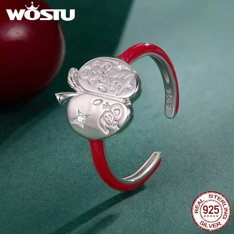 WOSTU 925 Sterling Silver Christmas Apple Open Ring Unique Adjustable Rings Xmas Gift For women