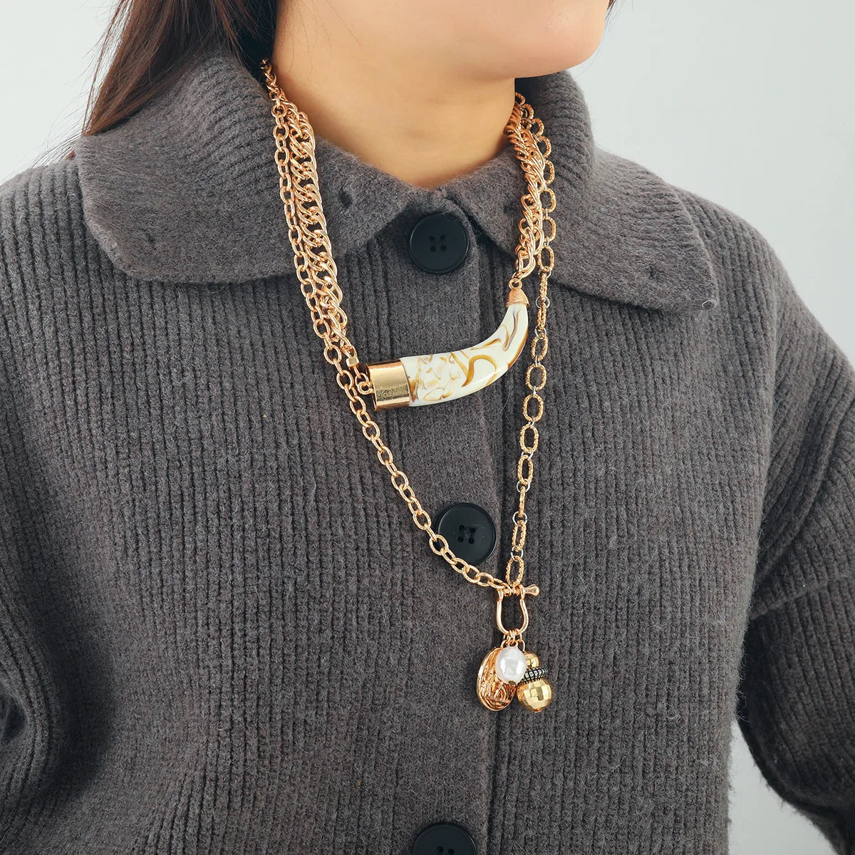 ZAA Cow Horn Multi-layer Imitation Pearl Geometry Women's Punk Necklace